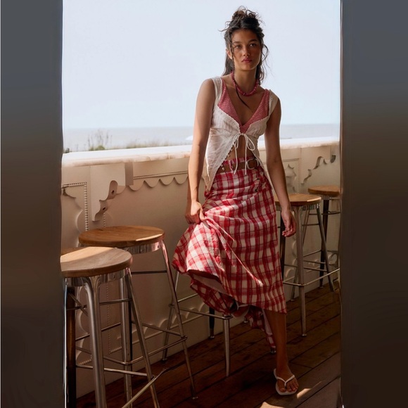 Free People After You Set red white checks medium skirt crop top new - Picture 3 of 9